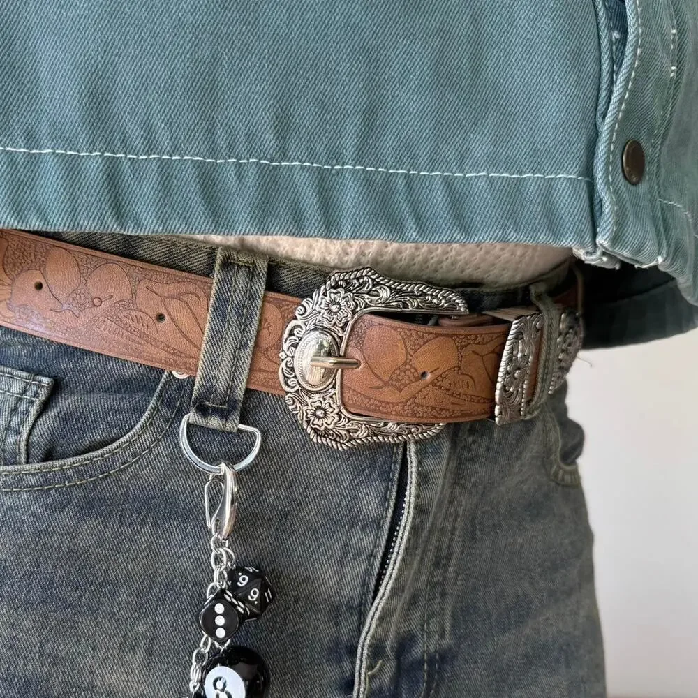 Y2K Brown Leather Belt Silver Buckle Adjustable Fit 26-36